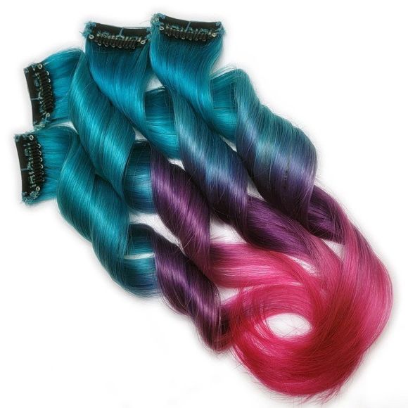 Clip in Double Drawn Remy Human Hair Extensions Light Blue Unicorn Ombre Colored - Picture 2 of 2